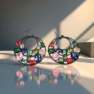 Colorful Fuax Gemstone Black Tone  Big  Earrings